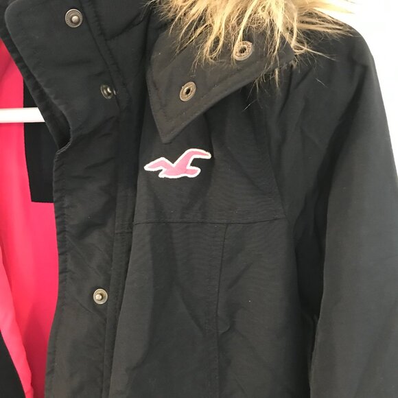 VTG Hollister winter bomber jacket hood faux fur navy/pink spell out Y2K 90's - Picture 3 of 8